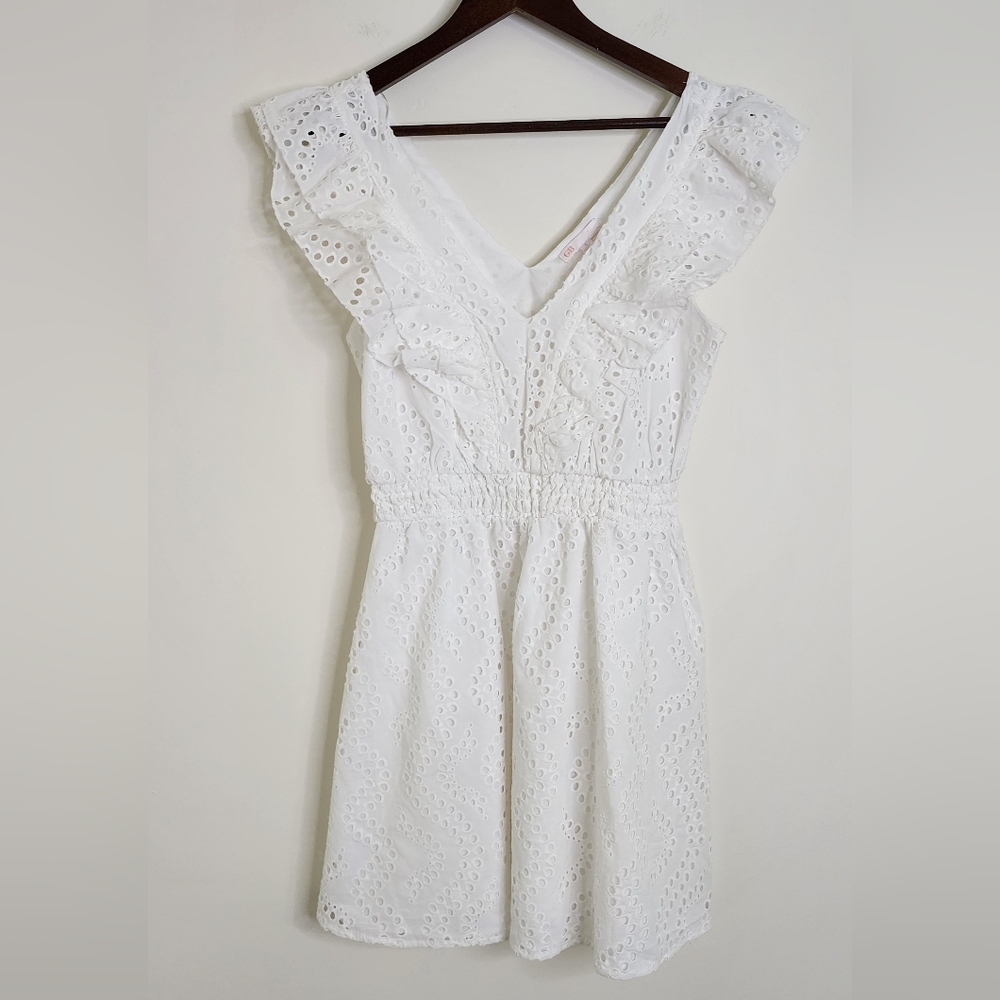 Gianni Bini White Eyelet Ruffle Sleeveless Mini Dress Small Cottagecore Picnic